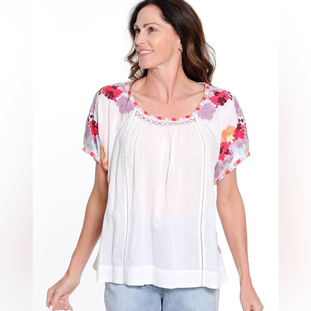 Anthropologie Floral Embroidered White Top